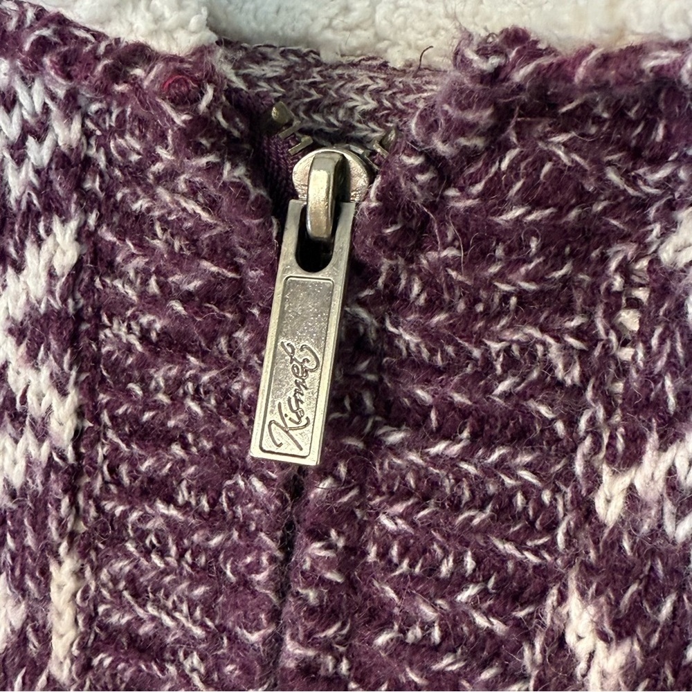 Kismet Purple Wool Zip-Up Hoodie Sweater Cardigan Nordic Pattern Fuzzy Hood - Picture 5 of 10